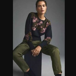 Anthropologie Embroidered Black Floral Sweatshirt XS